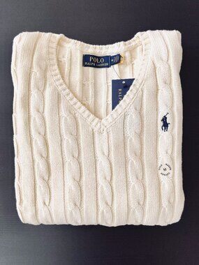 Polo Ralph Lauren Women's Cream Cable Knit V Neck Sweater Size M NWT